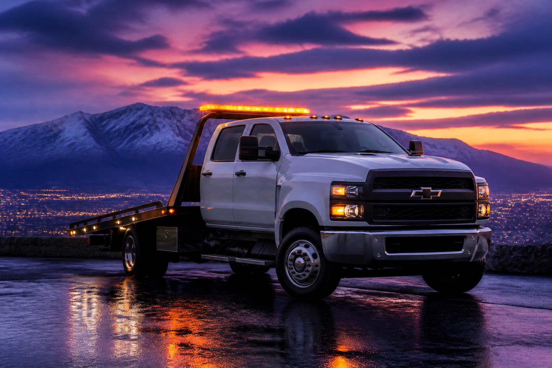 White Chevrolet 6500 crew cab flatbed tow truck with amber strobes at dusk, mountains and city lights behind